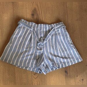 LOFT Blue and White Striped High Waist Tie Belt Linen Shorts Sz MP EUC Summer